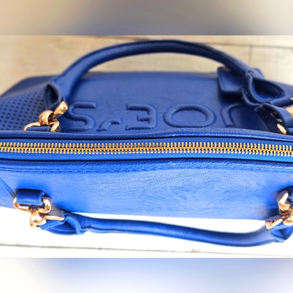 Joe's Large Blue Weekender Handbag Purse Vegan Leather Tote Bag Zip up Gold - Picture 10 of 16
